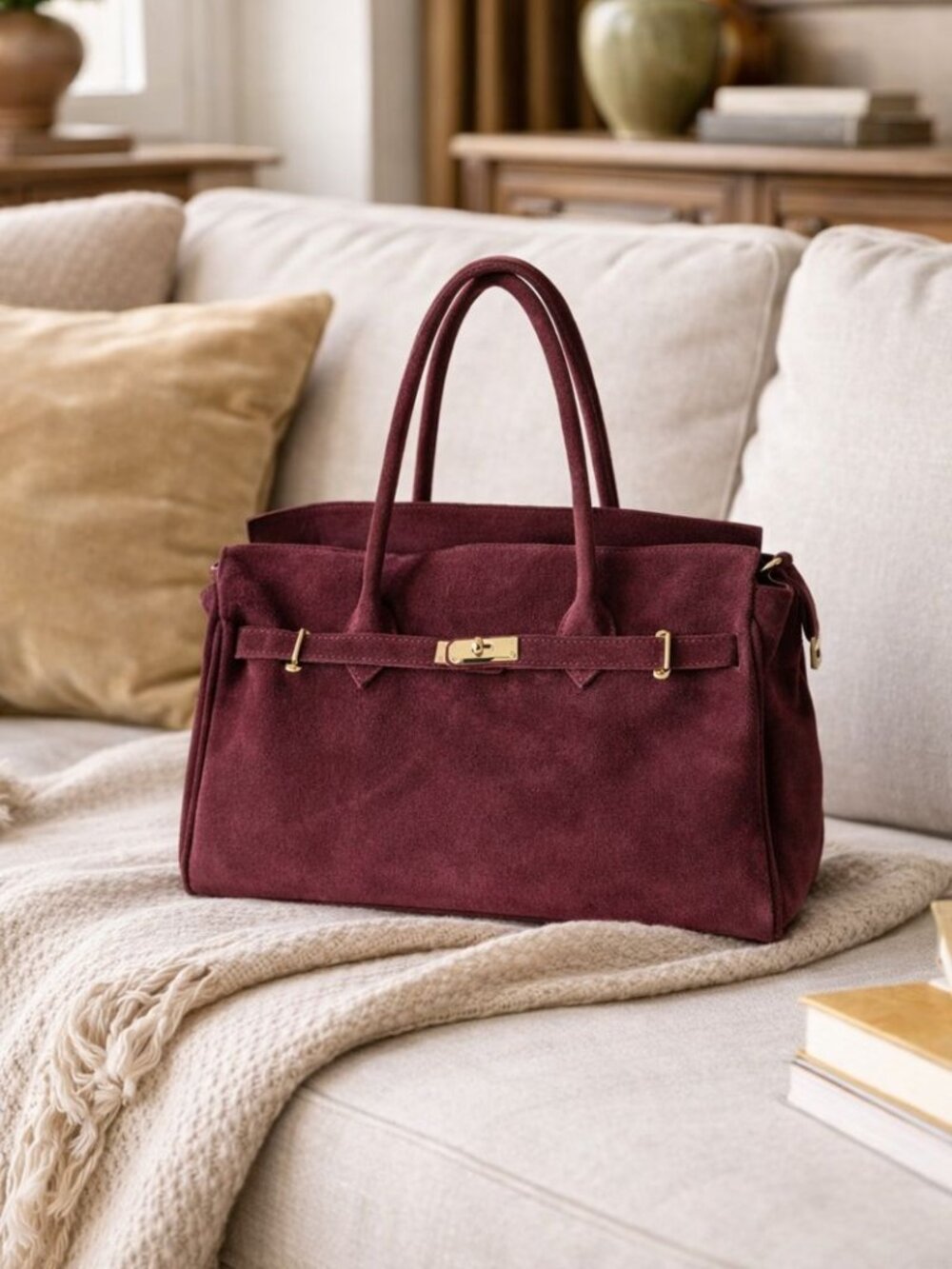Burgundy Suede Leather Tote Bag, Work Tote Bag for Women, Large Everyday Bag